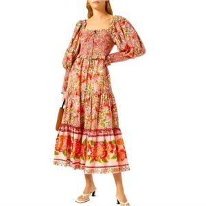 Farm Rio Pink Macaw Flight Smocked Midi Dress Womens S Tropical Vibrant